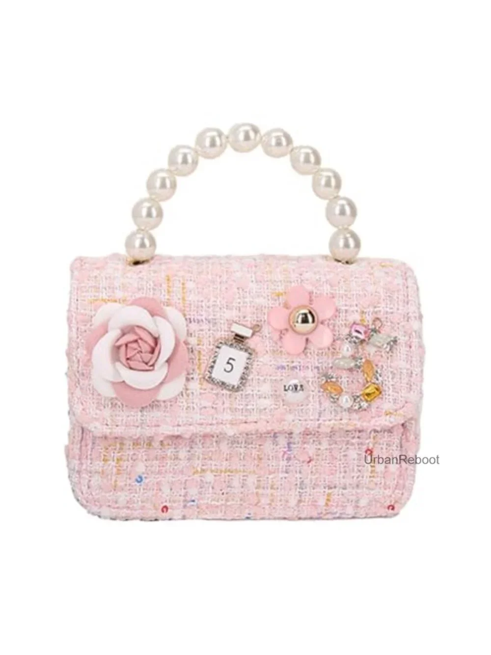 Girls Floral Crossbody Bag Faux Leather Mini Chain Pearl Handle Purse